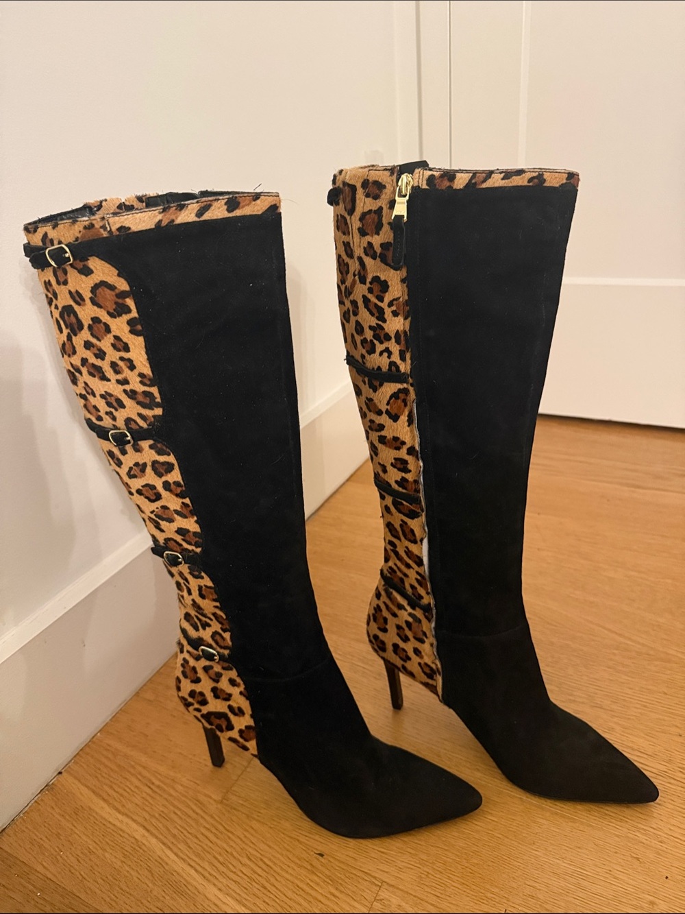 Lauren Ralph Lauren Black and Leopard Haircalf Tall Stiletto Boots